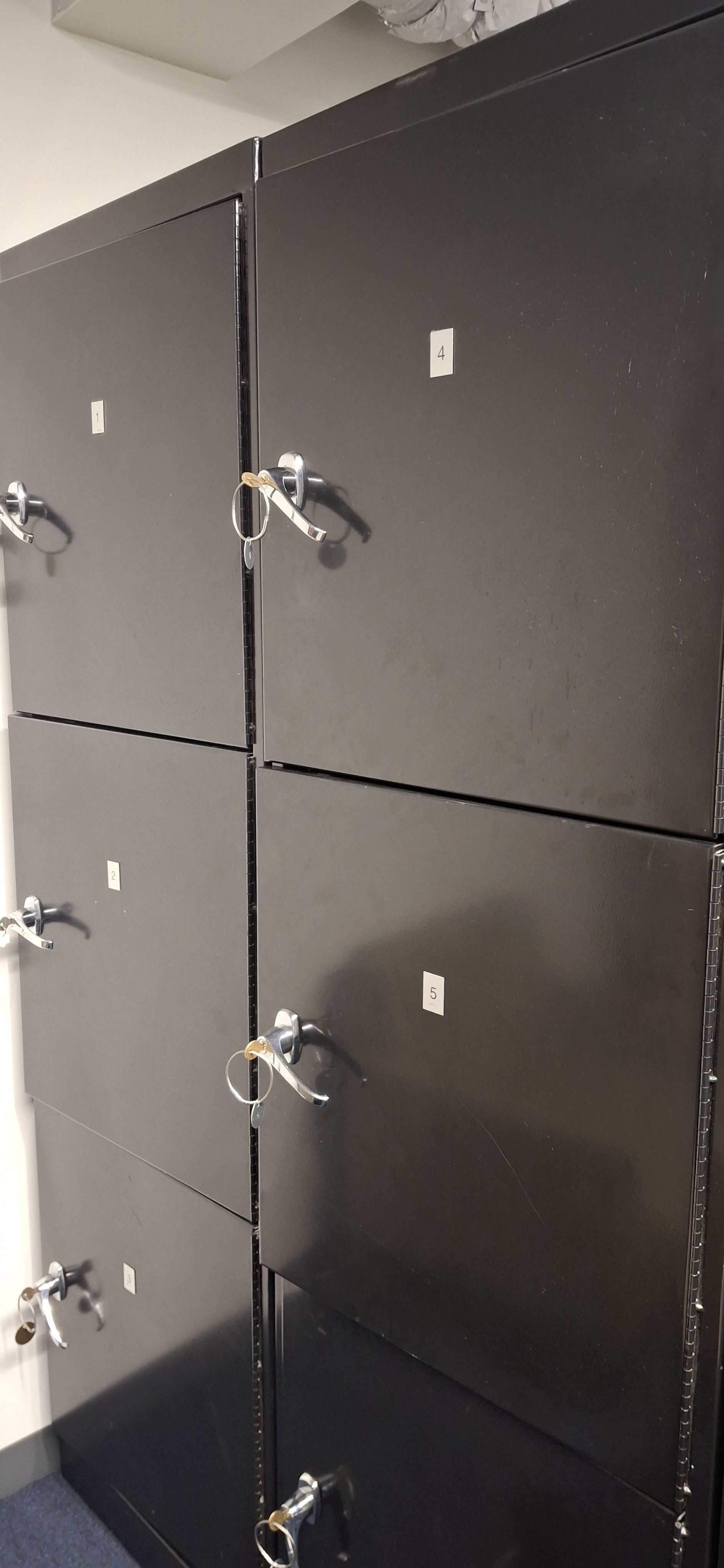 Dark storage lockers with numbered labels and metal handles mounted on wall